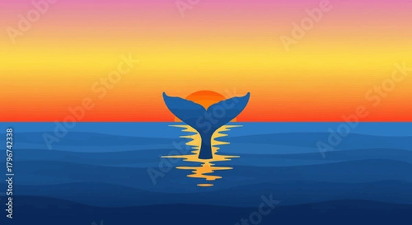 Fototapeta Serene sunset seascape with whale tail rising gracefully from the ocean waters