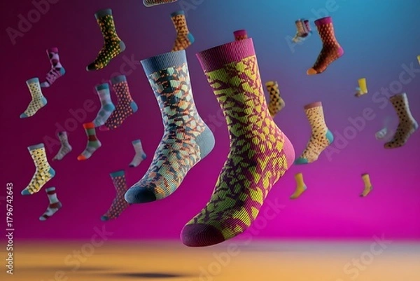 Obraz Vibrant patterned socks artfully floating in a dynamic, colorful studio capturing playful fashion and creative expression