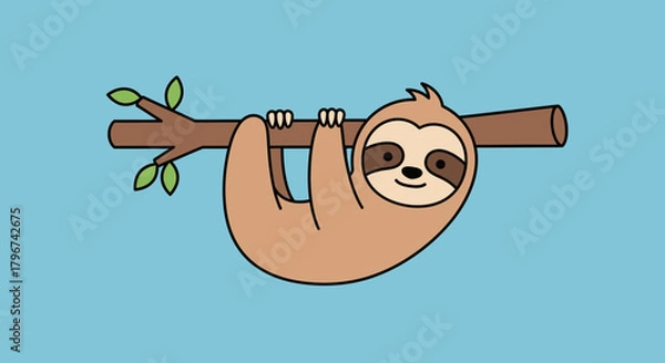 Obraz Charming cartoon sloth hanging on a tree branch illustration against light blue background