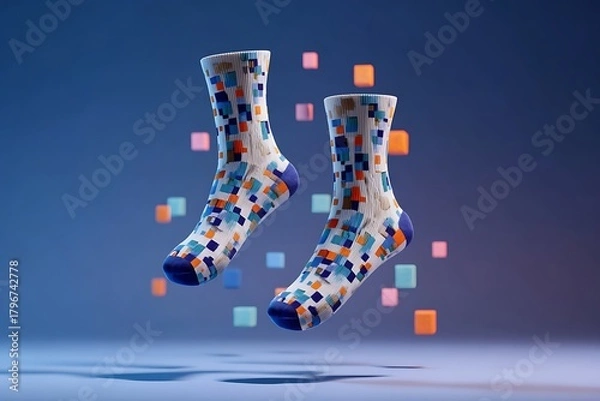 Obraz Vibrant geometric patterned socks float playfully against a gradient blue backdrop with scattered colorful cubes, adding a modern, stylish flair to any outfit.