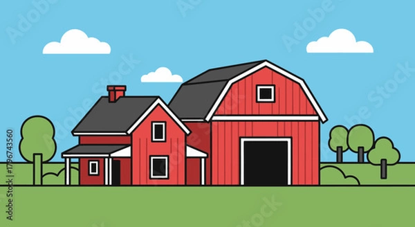 Obraz Illustration of a charming red farm with barn, set against a clear blue sky backdrop