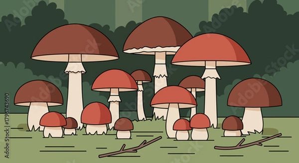 Fototapeta Cartoon illustration of a mushroom patch with various sizes in a forest setting