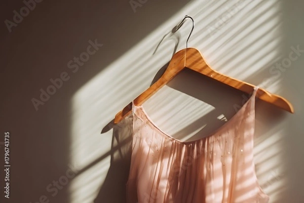 Obraz Elegant pastel dress with subtle shimmer hangs on a wooden hanger, bathed in soft, dappled sunlight creating a serene atmosphere.