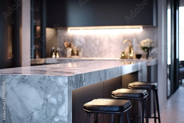 Obraz Experience luxury with this stunning modern kitchen featuring a sleek marble island and elegant bar stools, perfect for entertaining guests.