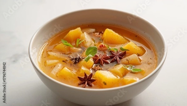 Fototapeta Golden Deliciousness. A Bowl of Cubed Delight, Enhanced with Star Anise and Mint.