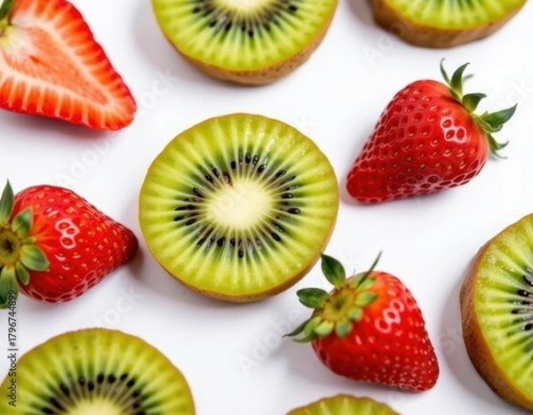 Fototapeta studio close up of sliced kiwi and strawberries arranged artistically on white background, clean bright tone perfect for healthy lifestyle advertising