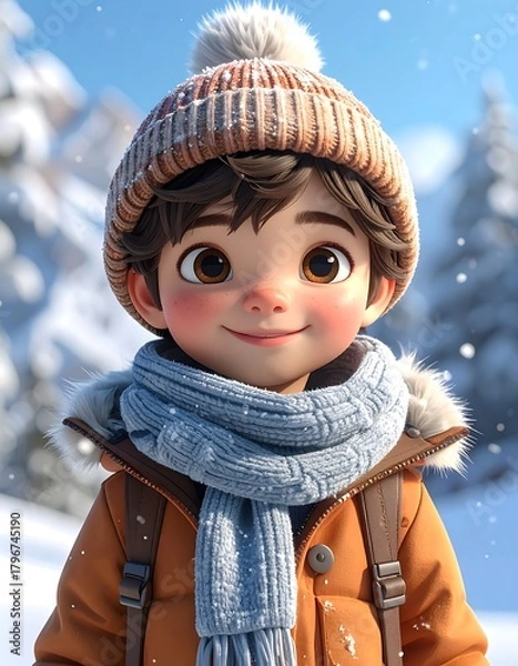 Fototapeta A smiling child, bundled in winter attire, poses amidst a snowy, mountainous landscape. The scene evokes warmth and joy