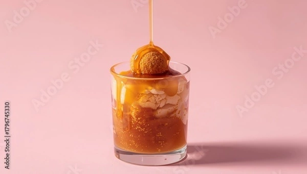 Fototapeta Golden Drizzle in Glass, a Sphere Topping, on Plain Background Simple Composition.