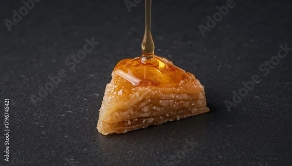 Fototapeta Golden Drizzle on a Layered Pastry, a Study in Textures and Contrasting Tones.