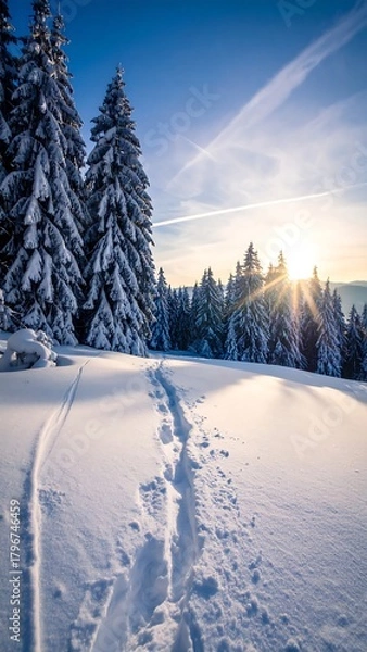 Fototapeta A snow-covered landscape with towering evergreens. Sun peeks through the trees, casting light trails on a snowy path. Sky is clear blue