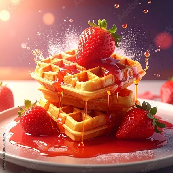 Fototapeta A stack of golden waffles topped with fresh strawberries and glistening red syrup. The syrup drips, with some strawberries around