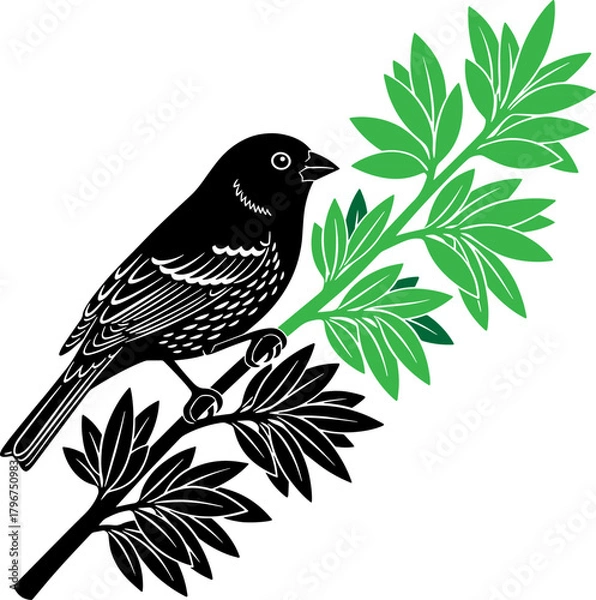 Obraz Black bird perched on a branch with green and black leaves