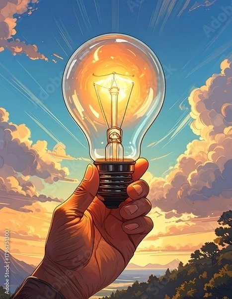 Fototapeta A sunlit, radiant lightbulb held up by a hand against a bright sky, symbolizing innovation and ideas