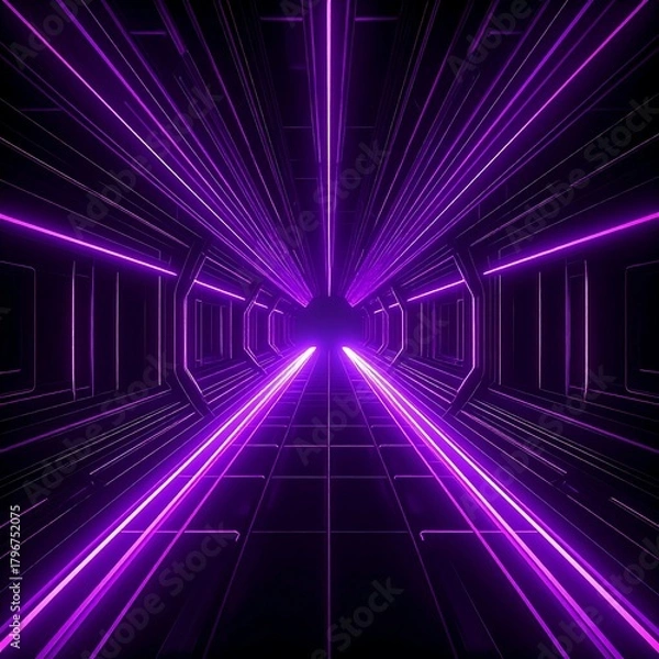 Fototapeta A symmetrical, futuristic corridor with a neon-purple glow. Parallel lines converge, creating a deep perspective with geometric paneling and a dark, empty aesthetic