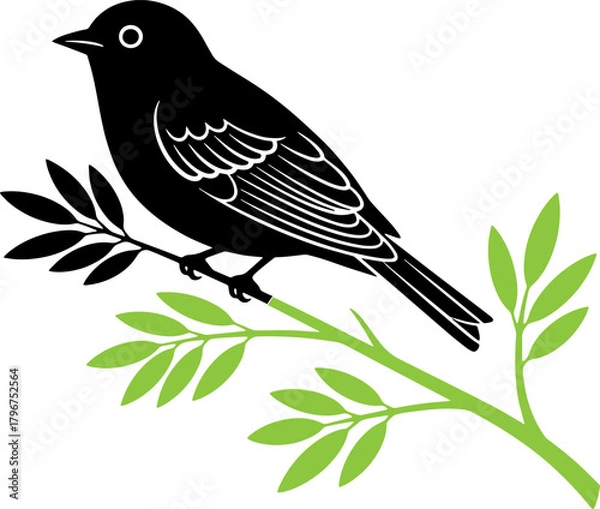 Obraz Black bird perched on a green branch with leaves, simple graphic style