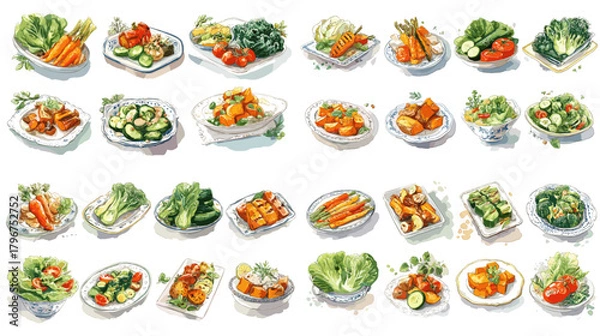 Fototapeta Big set of watercolor salads and vegetable dishes on plates and bowls. Fresh healthy food illustrations—perfect for menus, recipes, nutrition content, restaurant branding, and blogs.