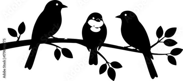 Fototapeta Three silhouette birds perched on a branch with leaves