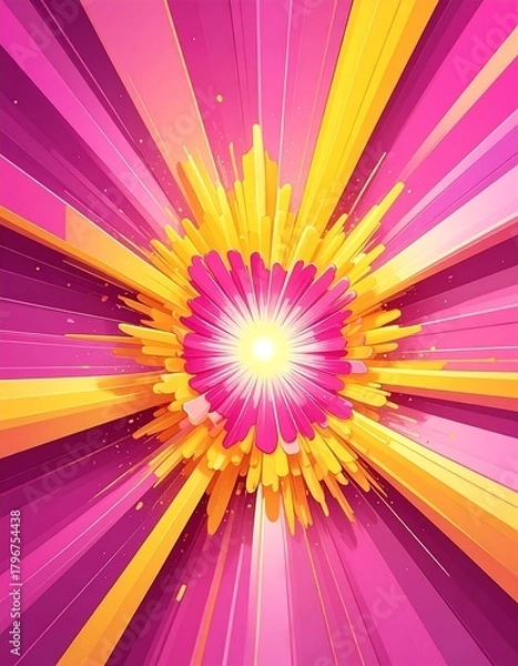 Fototapeta A vibrant, colorful digital illustration featuring a central bright light emanating rays of yellow and pink from a flower-like design