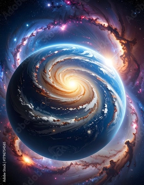 Fototapeta A vibrant cosmic artwork showcases a celestial sphere swirling with celestial energy, enveloped by a halo of swirling galaxies and celestial dust