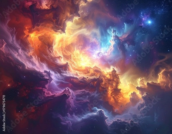 Fototapeta A vibrant cosmic display showcasing nebulae in fiery oranges, purples, blues, and yellows, with scattered stars throughout the scene