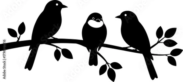 Fototapeta Three silhouette birds perched on a branch with leaves, simple graphic