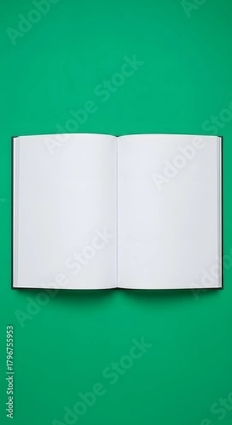 Fototapeta Open blank notebook with white pages lying flat on a vibrant green background, ready for writing or drawing, with a clean and minimalistic aesthetic