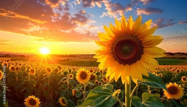 Fototapeta A vibrant field of sunflowers basks in the warm glow of a setting sun, under a sky with scattered clouds. The scene is calm and beautiful