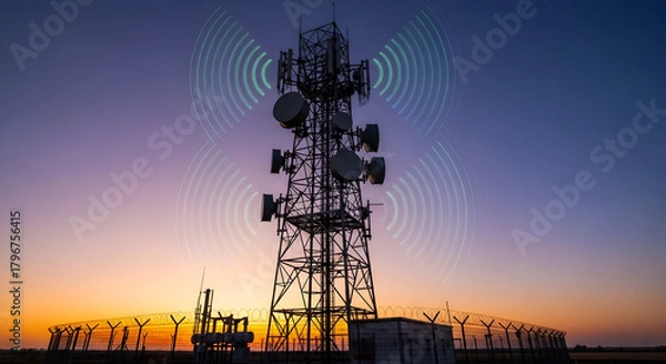 Fototapeta Antenna tower as phone base station with radio waves. ai generative 22593483 1
