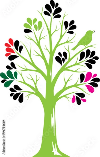 Fototapeta Stylized green tree with colorful leaves and a bird illustration