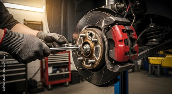 Fototapeta Automobile brake disc Car service procedure. ai generative 26275909 1