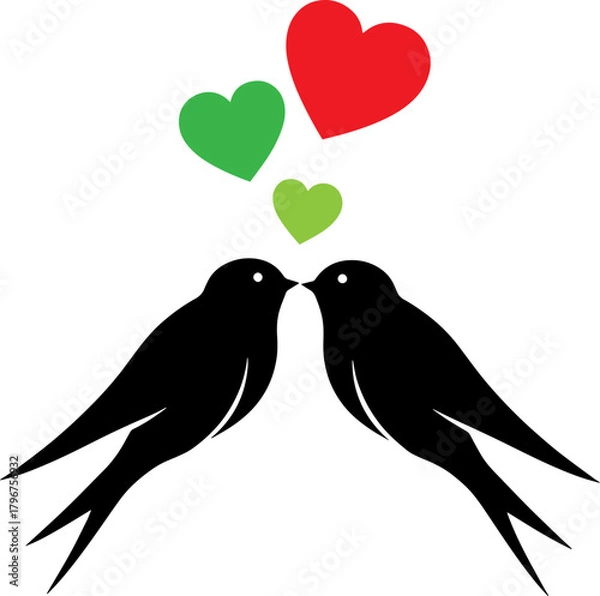 Obraz Two swallows in silhouette with hearts above, abstract design