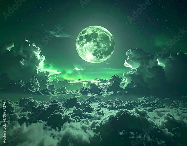 Fototapeta A vibrant nightscape showcasing a glowing emerald moon amidst swirling cloud formations, with starlight in the background