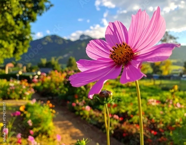 Fototapeta A vibrant pink flower, sunlight-kissed, blooms in a field of colorful blossoms with a mountain backdrop