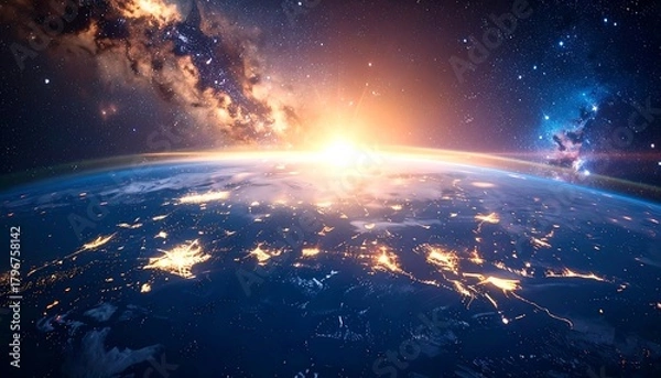 Fototapeta A vibrant, simulated view of Earth from space. The sun rises over the horizon. Stars and nebulae fill the background. City lights shine