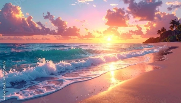 Fototapeta A vibrant sunset casts a warm glow over a tropical beach, with gentle waves lapping the shore, under a sky filled with clouds