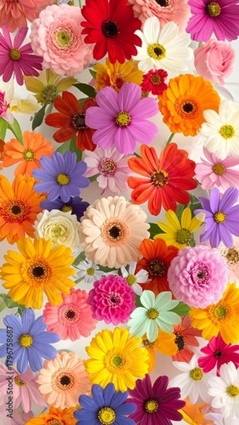 Fototapeta A vibrant, vertical composition showcasing a diverse array of colorful blossoms against a light backdrop