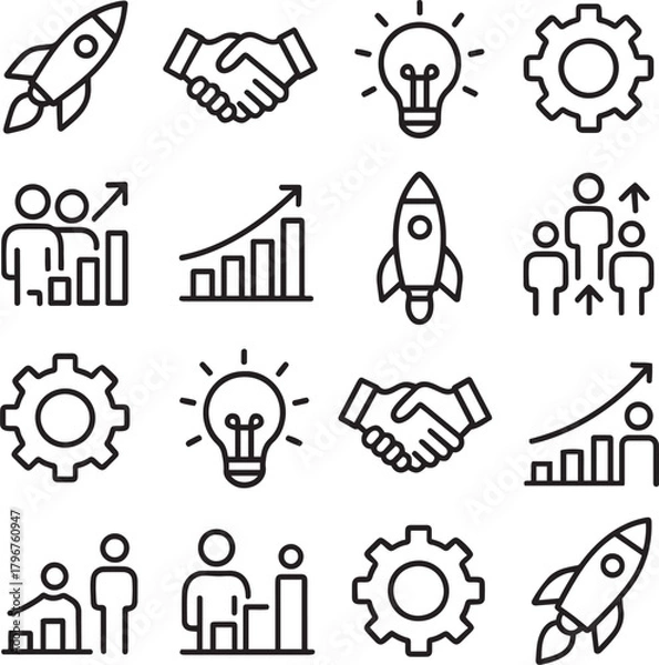 Obraz Vector icons set of business startup, innovation, and growth line icons set. essential symbols for project development and success.