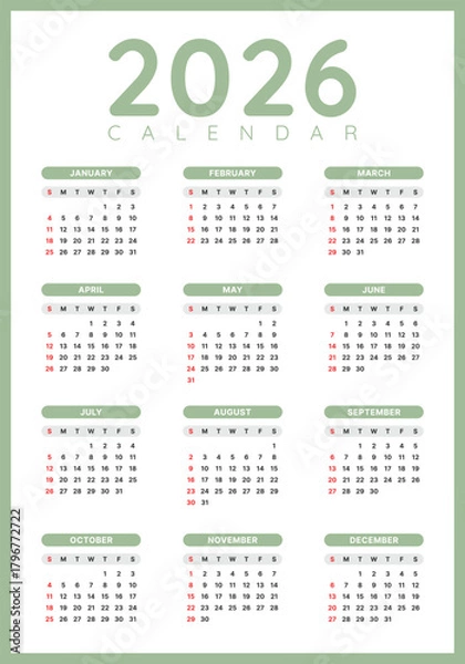Fototapeta Vector Green And White 2026 Year Calendar Printable Template