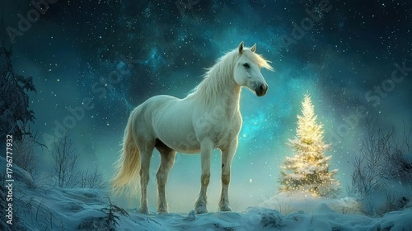 Fototapeta Majestic White Horse in a Winter Wonderland with Christmas Tree