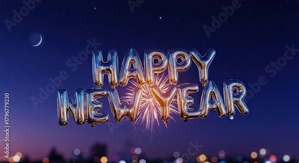 Obraz Happy New Year festive celebration fireworks and cityscape