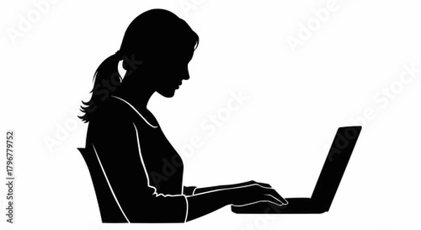 Fototapeta Silhouette of a woman sitting and typing on a laptop computer.