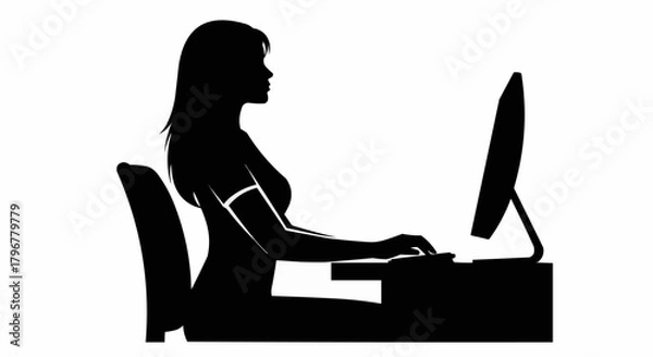 Fototapeta Silhouette of a woman sitting at a desk using a computer.