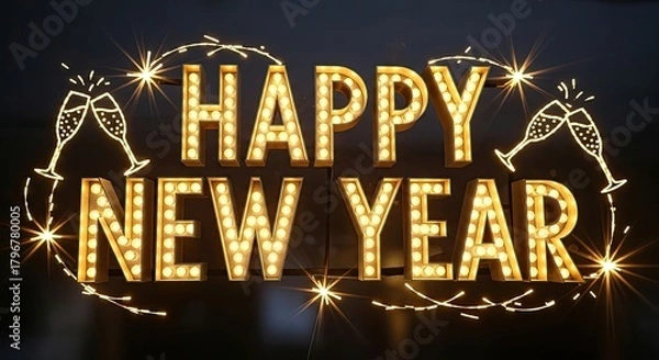 Obraz Bright Lighted Happy New Year Sign with Champagne Glasses and Sparkles