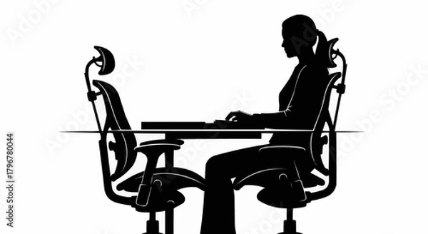 Obraz Silhouette of a woman working at a desk with a computer.