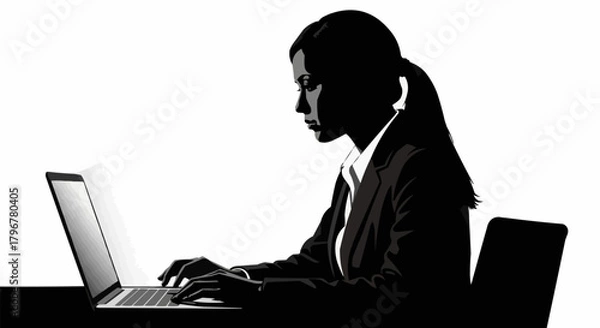 Fototapeta Silhouette of a woman in a suit working on a laptop.