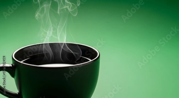 Fototapeta A close-up of a steaming hot beverage in a black cup against a vibrant green background, highlighting warmth and comfort