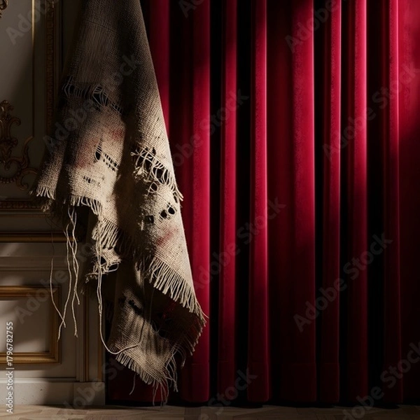 Fototapeta A cozy interior scene featuring a textured beige throw blanket draped over a piece of furniture next to rich red velvet curtains, creating a warm and inviting atmosphere