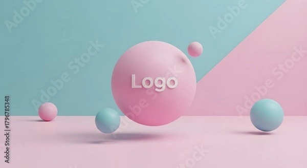 Fototapeta Minimalist abstract scene featuring pastel-colored spheres with a central large pink sphere displaying the word '' on a split pastel background