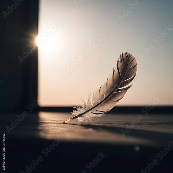 Fototapeta A close-up image of a delicate feather resting on a wooden surface with sunlight streaming in from the background, creating a warm and peaceful atmosphere