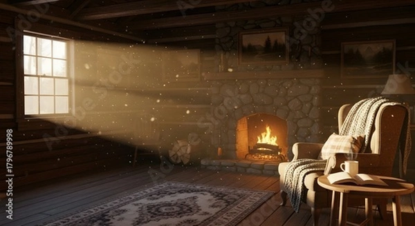 Fototapeta Cozy rustic living room illuminated by warm sunlight streaming through a window with a crackling fireplace creating a welcoming atmosphere